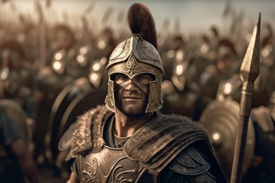 A Roman warrior stands in front of a group of soldiers, all wearing armor and carrying weapons. Generative AI