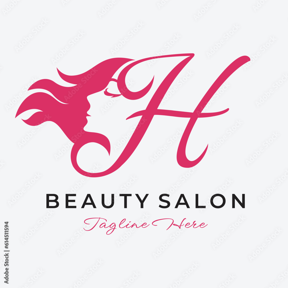 Letter H Beauty Salon Logo Design, Beautiful Woman Face Hair Care Icon ...