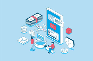 Mobile wallet app concept in 3d isometric design. People managing and controlling financial accounts and credit cards at online banking service. Vector illustration with isometry scene for web graphic