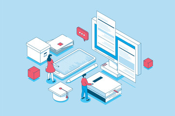 Fototapete - Modern education concept in 3d isometric design. People learning at digital classroom, reading e-books, watching webinars and video lectures. Vector illustration with isometry scene for web graphic