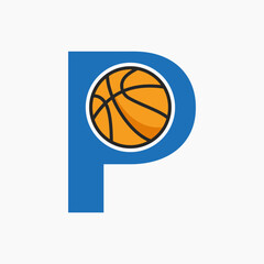 Basketball Logo On Letter P Concept. Basket Club Symbol Vector Template