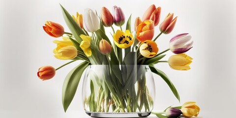 Wall Mural - Vase of new tulips isolated on white, close-up