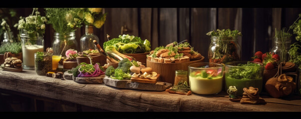 Raw vegetable with microgreens on the table. generative ai