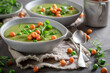 Green pea soup made of vegetables and herbs.