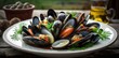 Delicious mussels on a dish, in close-up