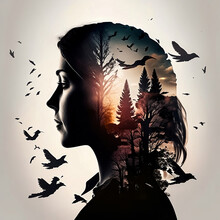 Woman Portrait With Double Exposure And With The Trees And Flying Birds.Generative AI, Non-existent Person.