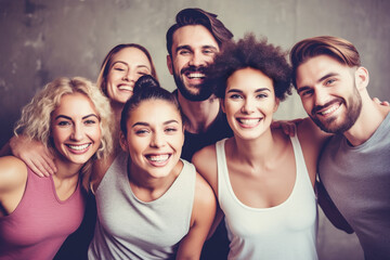 Wall Mural - Fitness, laughing and group of friends at the gym for training, happy for the exercise at a club. Fitness, pilates, cardio or yoga class.