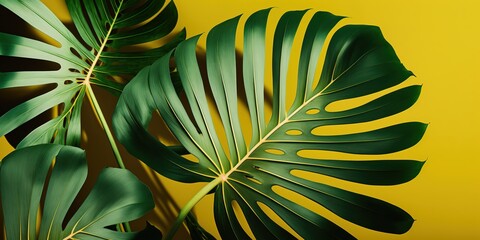 Fototapete - Green palm leaves against a yellow backdrop, up close and personal