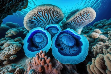 Wall Mural - Massive blue clams on red sea coral.