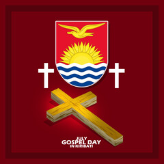 Wall Mural - Kiribati flag with a wooden cross and bold text on a dark red background to commemorate Gospel Day on July in Kiribati