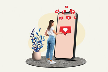 Wall Mural - Woman touching huge display panel with heart icons on screen and above smartphone, like and recommens button, collage