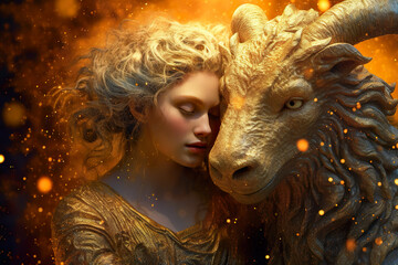 Wall Mural - Zodiac sign of Capricorn, young woman and gold goat on sky background