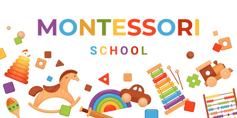 Montessori banner design vector illustration. Cartoon isolated cute rainbow wooden toys for early development of baby kids and preschool education in kindergarten, Montessori school lettering