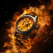 Wrist watch on fire depicts the age-old metaphor of burning time, time is money, life is short, and watches clocks and time. Burning time and living in the moment, generative AI. 
