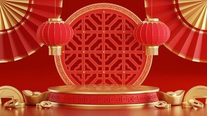 3d rendering illustration of podium round stage podium and paper art chinese new year, chinese festivals, mid autumn festival , red and gold ,flower and asian elements  on background..