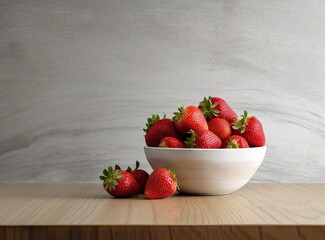 Wall Mural - Strawberries in a white bowl on the table created with Generative AI technology.