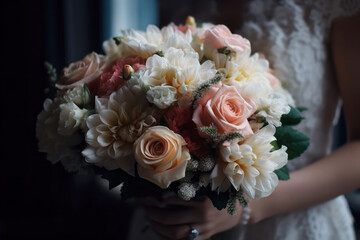 Wall Mural - Bride in white dress with wedding bouquet closeup, AI Generated