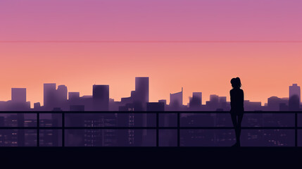Wall Mural - a girl standing on top of a modern city watching the night, balcony scene, ai generated image