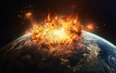 Wall Mural - meteor impact. the image portrays a gigantic meteorite colliding with the earth, causing the crust t