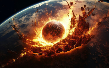 Wall Mural - meteor impact. it is an image depicting a massive meteor colliding with the earth. the crust is crum