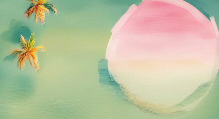 Wall Mural - abstract tropical summer background in pink and green with palm trees from above and copy space