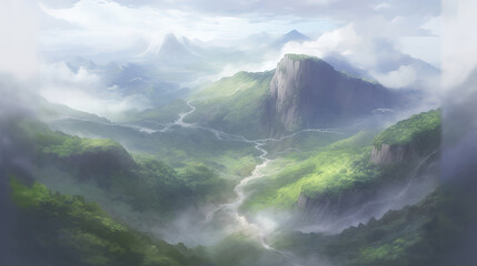 Wall Mural - a foggy anime manga landscape illustration, ai generated image
