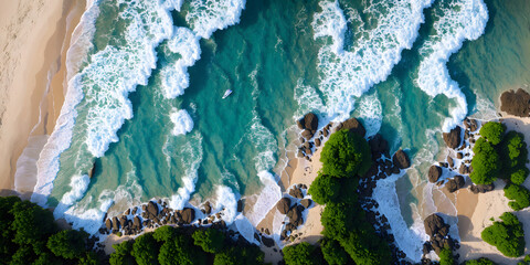 Wall Mural - Aerial view of ocean waves at sunset. Beautiful nature background. Aerial view of sea waves crashing on the beach. Top view. Generative AI technology.