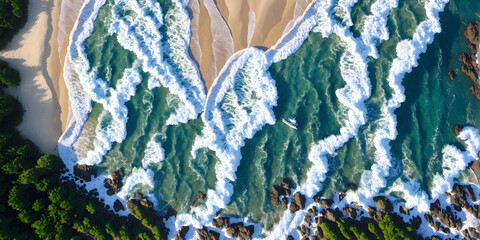 Wall Mural - Aerial view of ocean waves at sunset. Beautiful nature background. Aerial view of sea waves crashing on the beach. Top view. Generative AI technology.