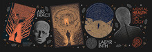Psychology, Psychiatry And Mental Health. Vector Philosophic Line Illustration Of Man, Searching For The Meaning Of Life, Labyrinth, Fingerprint And Life Path For Poster, Magazine Cover And Background