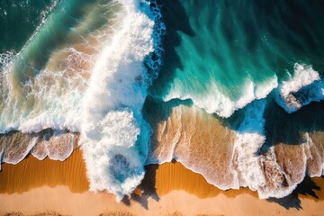 Poster - aerial picture of waves and sand Image of a lovely tropical sea taken in the morning of the summer season using a drone with a high angle view Top-down sea waves during the summer. Generative AI