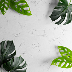 Tropical palm leaves, marble blank gray background. Summer concept. Flat lay summer composition. Top view, copy space for beauty product presentation, luxury organic cosmetic, skin care. 3D render