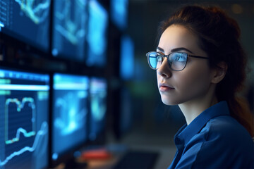 Portrait of a Thoughtful Engineer Working on Computer in a Technological Corporate Laboratory. Young Woman Writing Software Code for an Innovative Internet