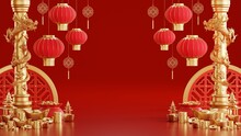 3d Rendering Illustration Background For Happy Chinese New Year 2024 The Dragon Zodiac Sign With Red And Gold Color, Flower, Lantern, And Asian Elements. ( Translation :  Year Of The Dragon 2024 ).