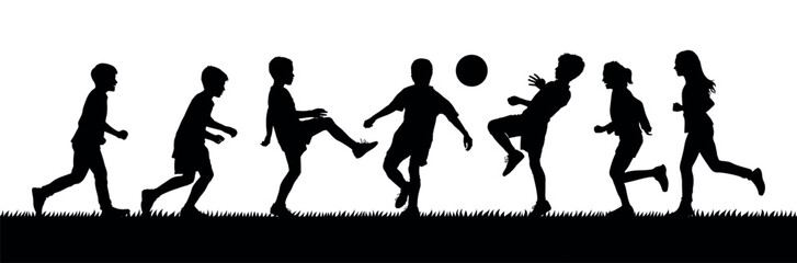 Boys playing football together on grass field vector silhouette set.