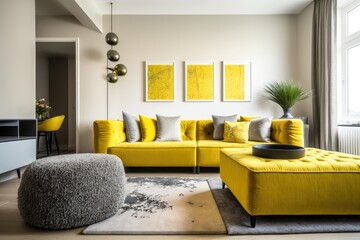 Sticker - cozy living room with a vibrant yellow couch and stylish furniture. Generative AI