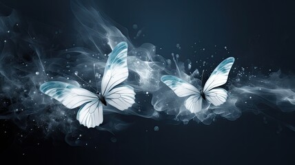 Wall Mural - Butterfly's in blue and white smoke with shiny glitter particles, abstract graphic background of butterfly, website banner background AI