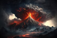Volcanic Eruption With Molten Lava Flowing Out Of The Crater. Generative AI