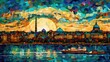 Painting Washington DC river, Van Gogh style landscape, colorful background, illustration of the cityscape, AI