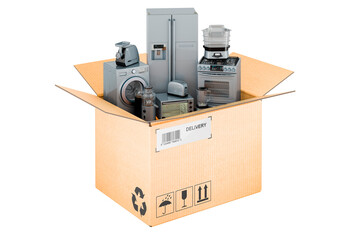 Poster - Kitchen and home appliance inside cardboard box, delivery concept, 3D rendering
