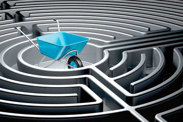 Poster - garden wheelbarrow inside dark labyrinth, 3d rendering
