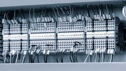 Poster - Box for wires of distribution of an electricity, PLC Control panel with wiring, lectric control panel enclosure for power and distribution electricity.