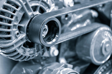 Aufkleber - Belt drive of Diesel engine electric generator. Close up car timing belt. Belt transmission close up. industrial technology concept background