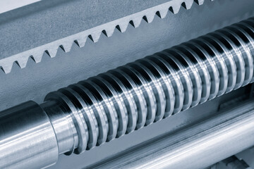 Poster - Linear ball screw gear. Drive for moving working parts of metal cutting lathe machines. industrial concept background