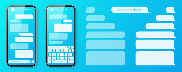 Realistic smartphone with messaging app on colorful blue background. Blank SMS text frame. Chat screen with transparent message bubbles. Social media application. Vector illustration