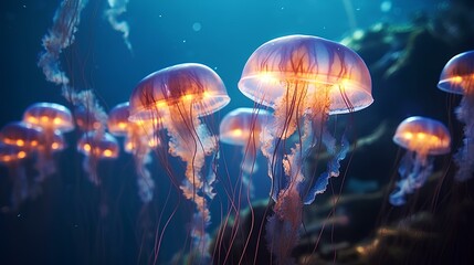 Wall Mural - many jellyfish swimming in a dark ocean. generative AI