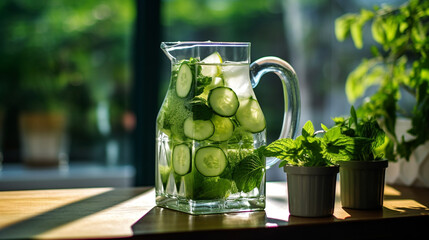 Wall Mural - Cucumber and mint infused water in a glass jug