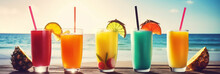 Summer Tropical Cocktails And Drinks With Beach Background, Generative AI