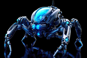 A robot spider with a blue light on its head. Generative AI.