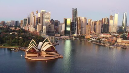 Poster - Public park and Sydney city waterfront on harbour in Australia – aerial 4k.
