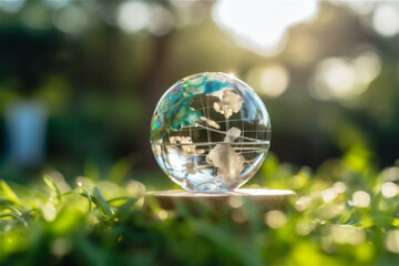 Environment concept, a crystal ball lies on the ground in the forest. concept and theme of nature, environmental protection. relaxation. glass material. AI generated content